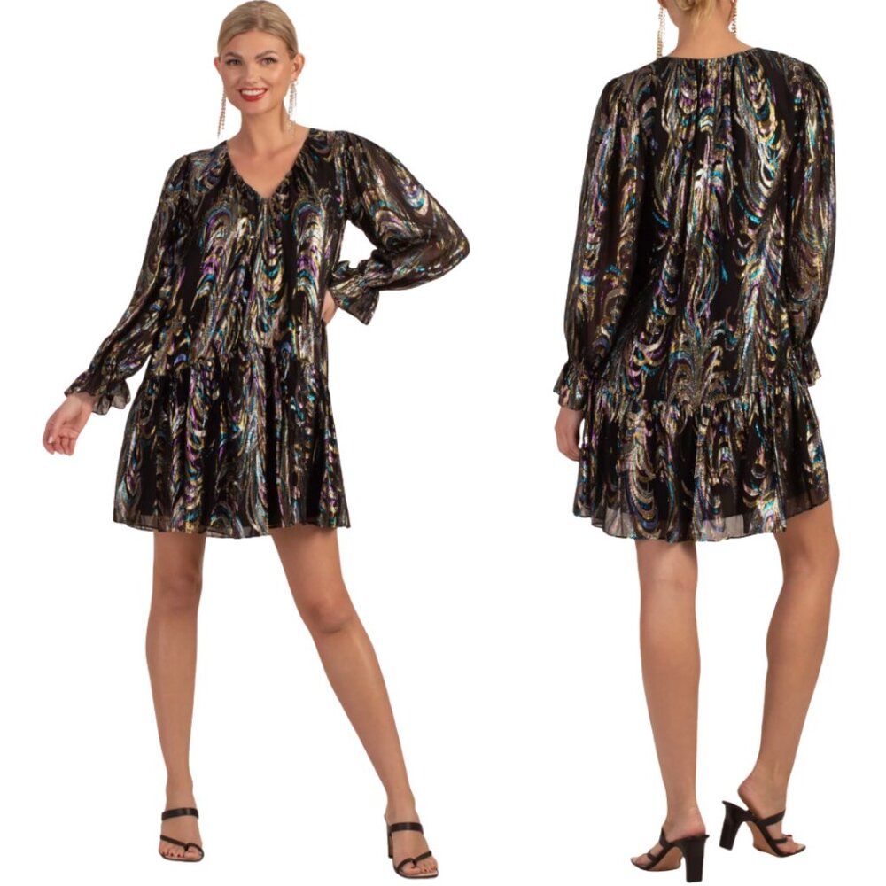 Trina Turk Celestial Long Sleeve Silk Shift Dress Women's XS Black Metallic NWT